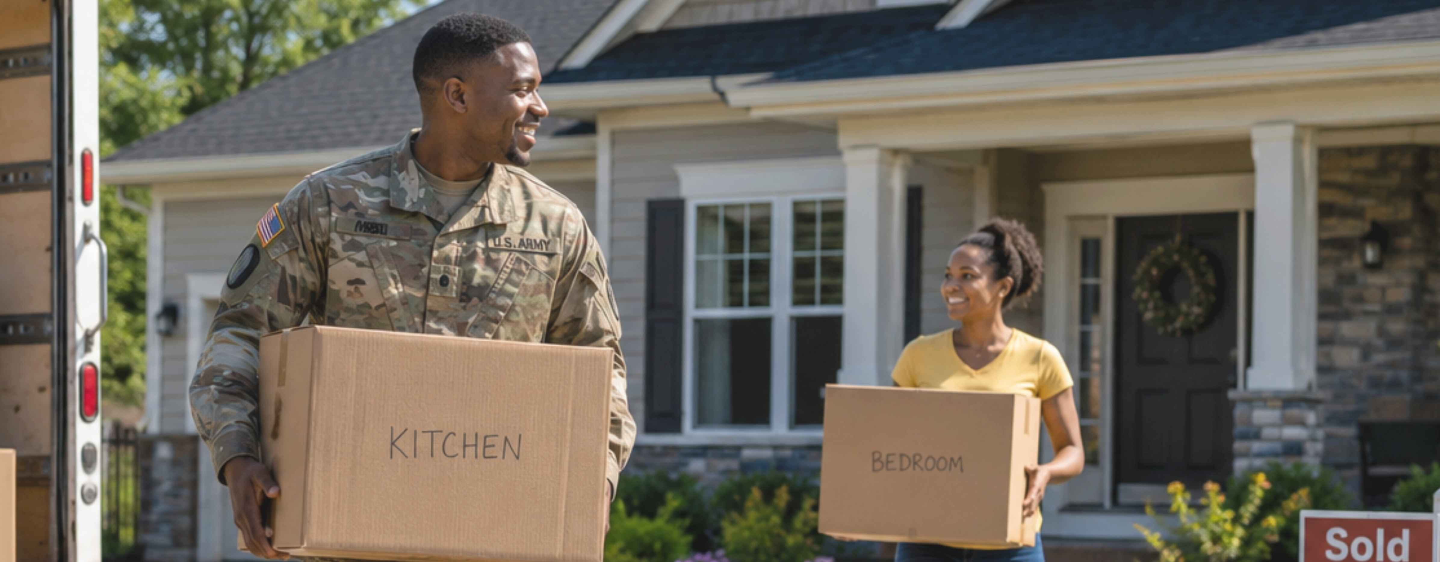 A U.S. Army soldier and his family carrying moving boxes into their new home on a sunny moving day