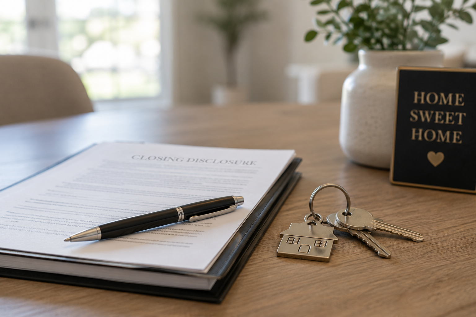 Closing disclosure, pen, and house keys on a closing table